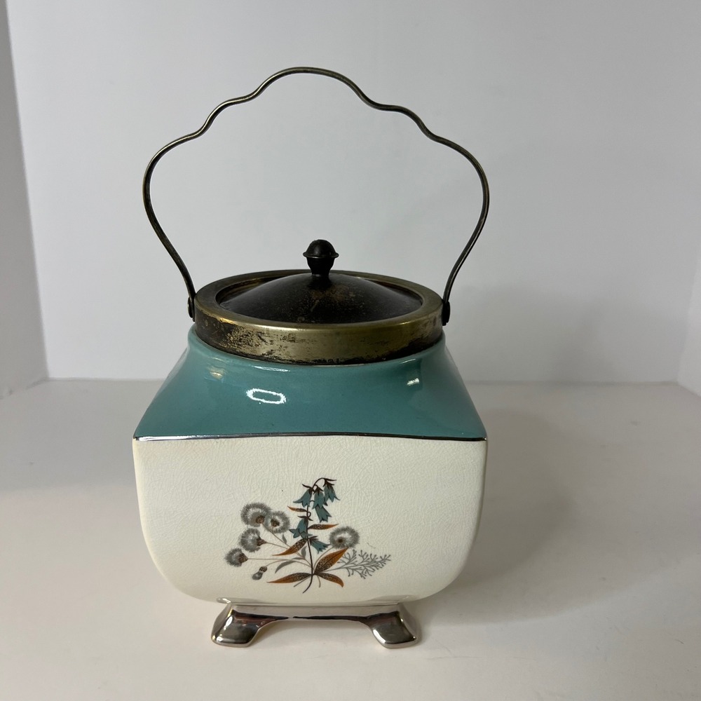 Vintage MCM Sandland Ware Biscuit Barrel Ceramic 5 x 6" Turquoise‎ Flowers